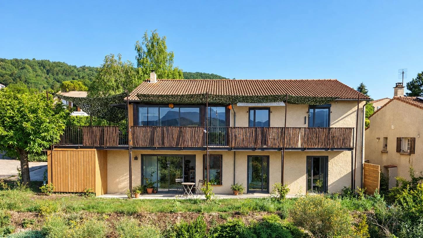 South façade after the works, with the 30 m² balcony, rehabilitated house in Crest (Drôme)