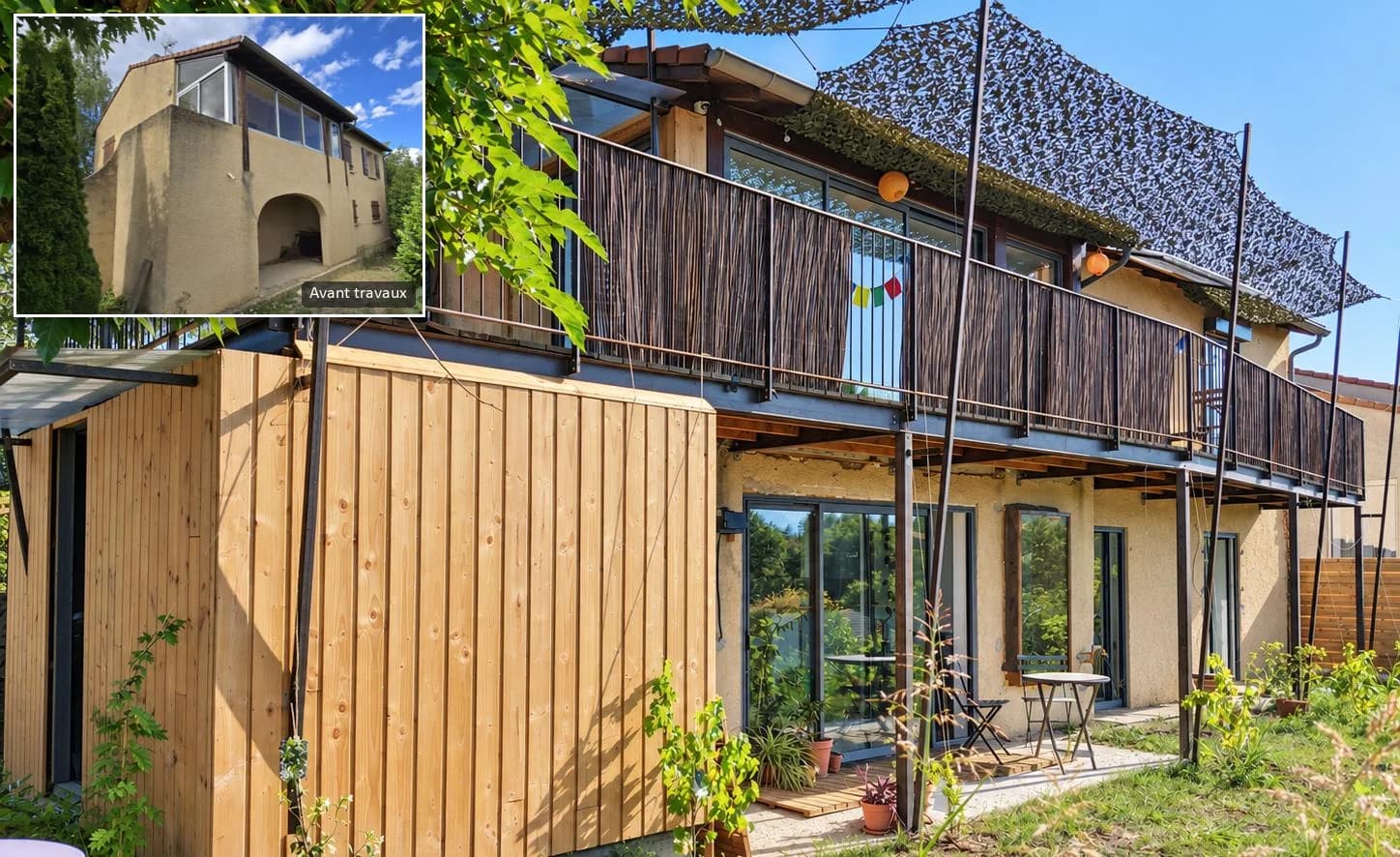 The balcony in metal structure, timber and reed screens, above the ground-floor terrace; inset, the façade and the former veranda before the works