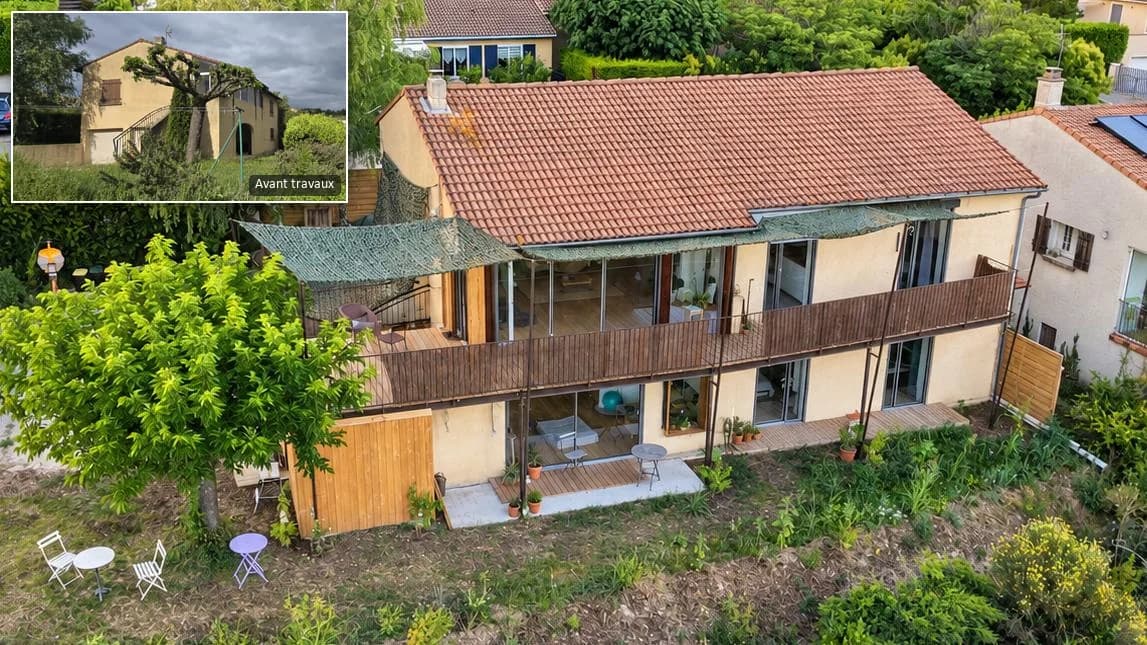 Aerial view of the house rehabilitated into two homes, in Crest; inset, the house and its garages before the works