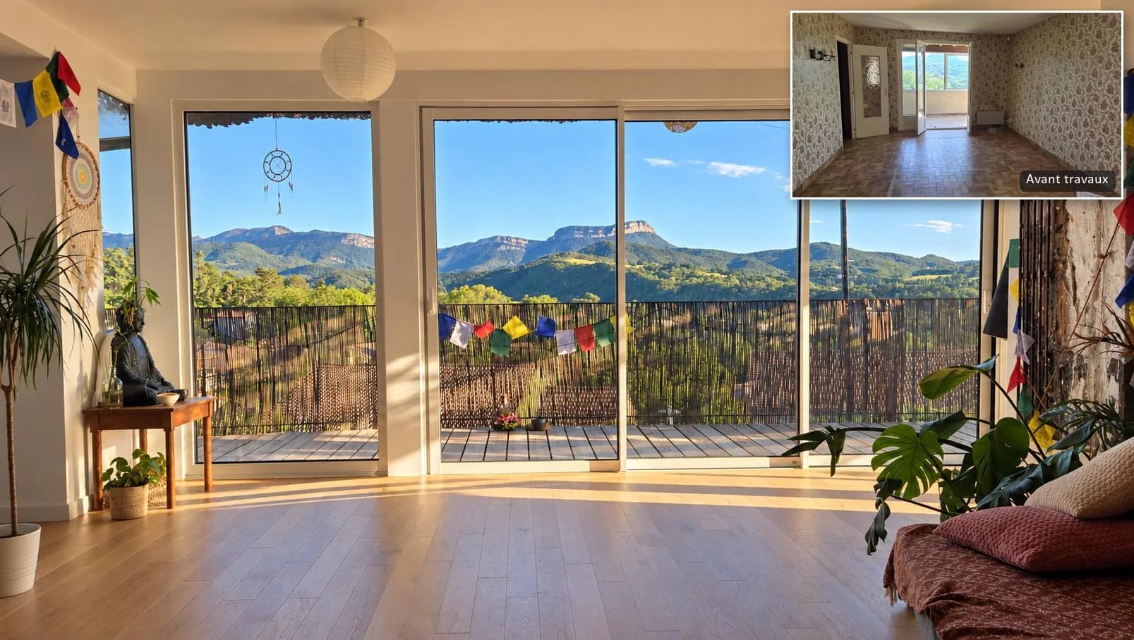 The living room of the upstairs home, open onto the balcony and the mountains; inset, the same room, barely open to the south before the works