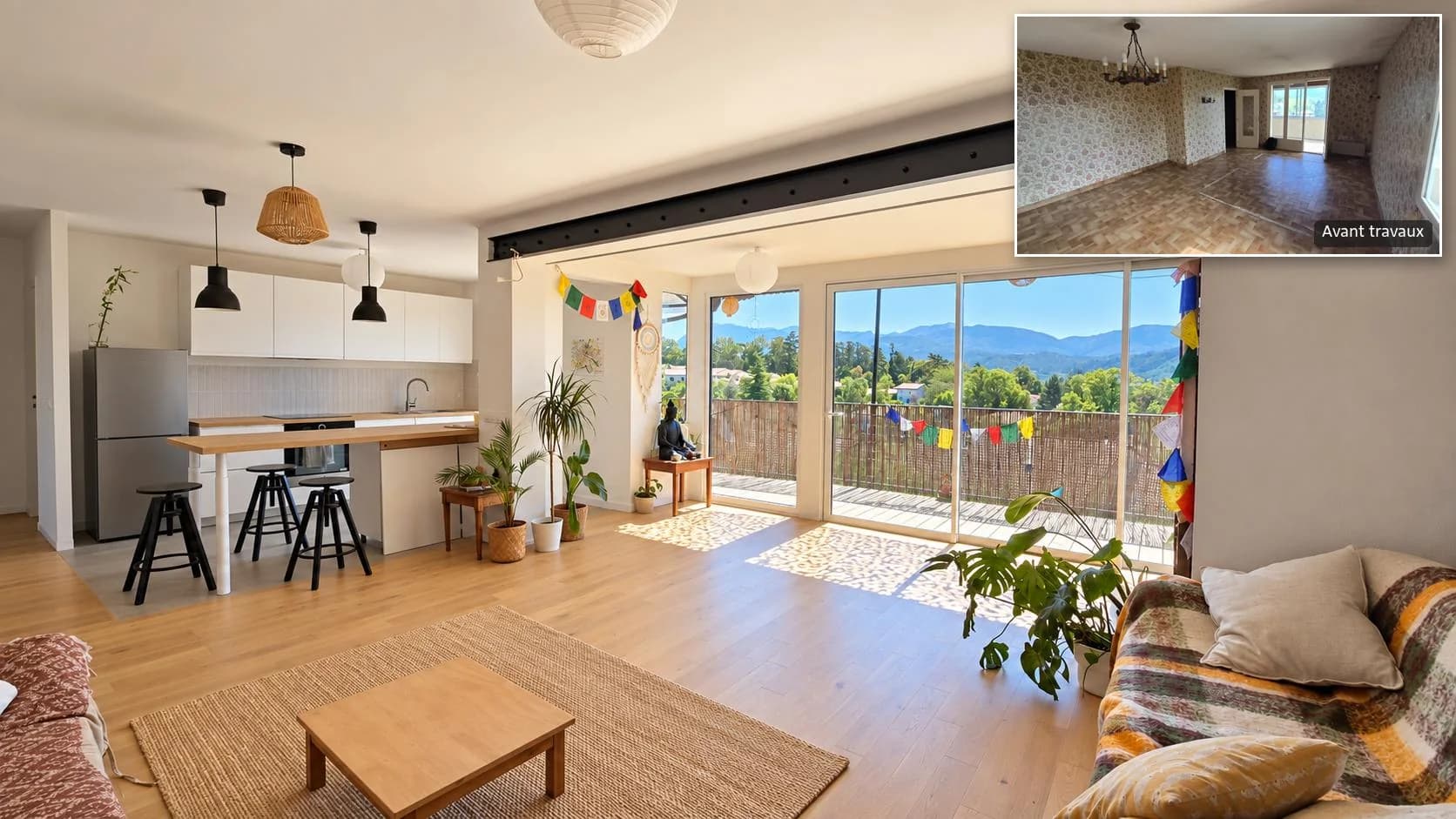 Open kitchen and sitting room beneath the exposed metal beam; inset, the partitioned living room before the works