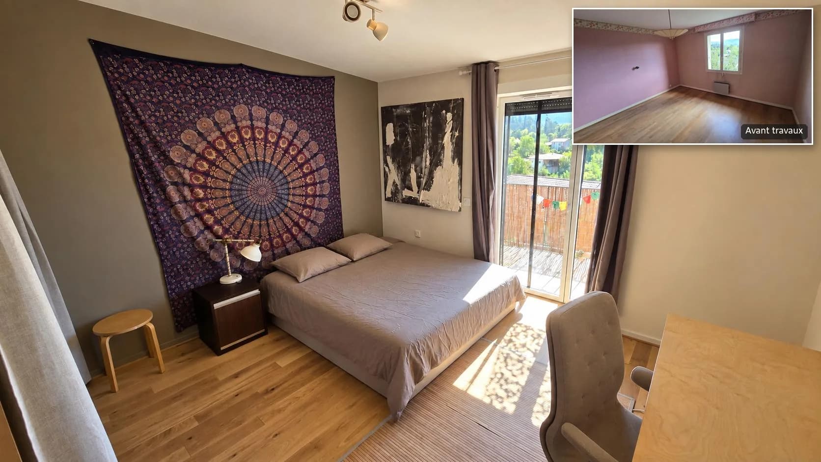 Refitted bedroom, open onto the balcony; inset, the same bedroom before the works