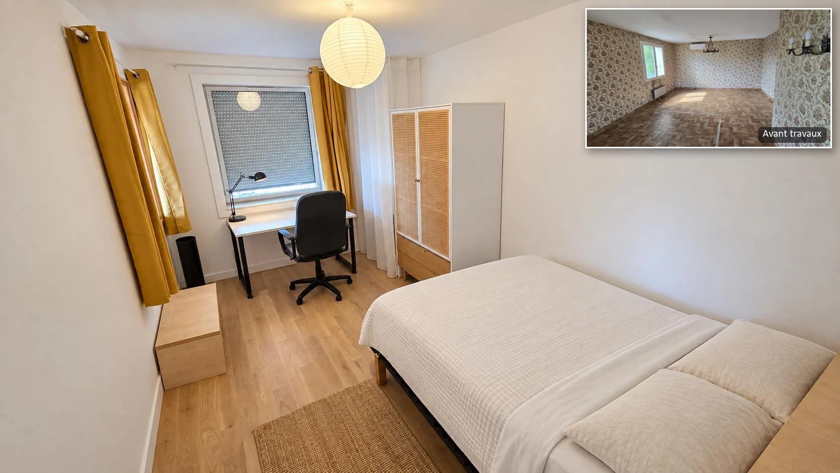 Second refitted bedroom, timber and light tones; inset, the same bedroom before the works
