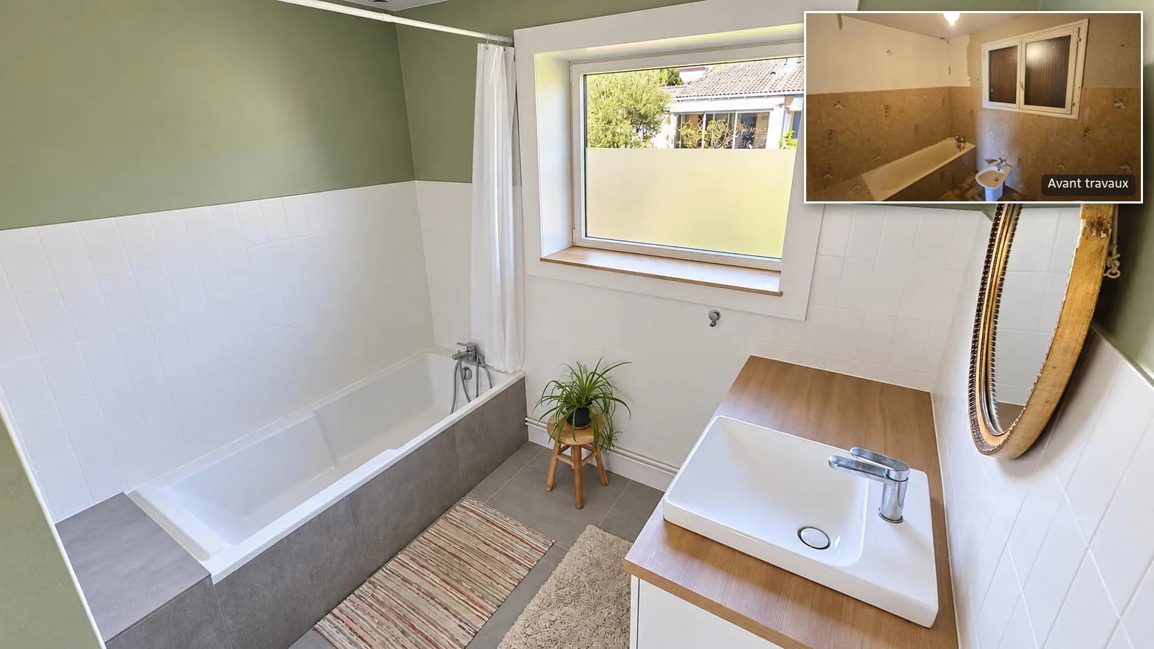 Refurbished bathroom; inset, the same bathroom before the works